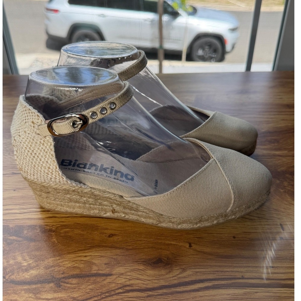 Biankina Girona Vegan Beige Canvas Ankle Strap Espadrille Wedges Sz 7